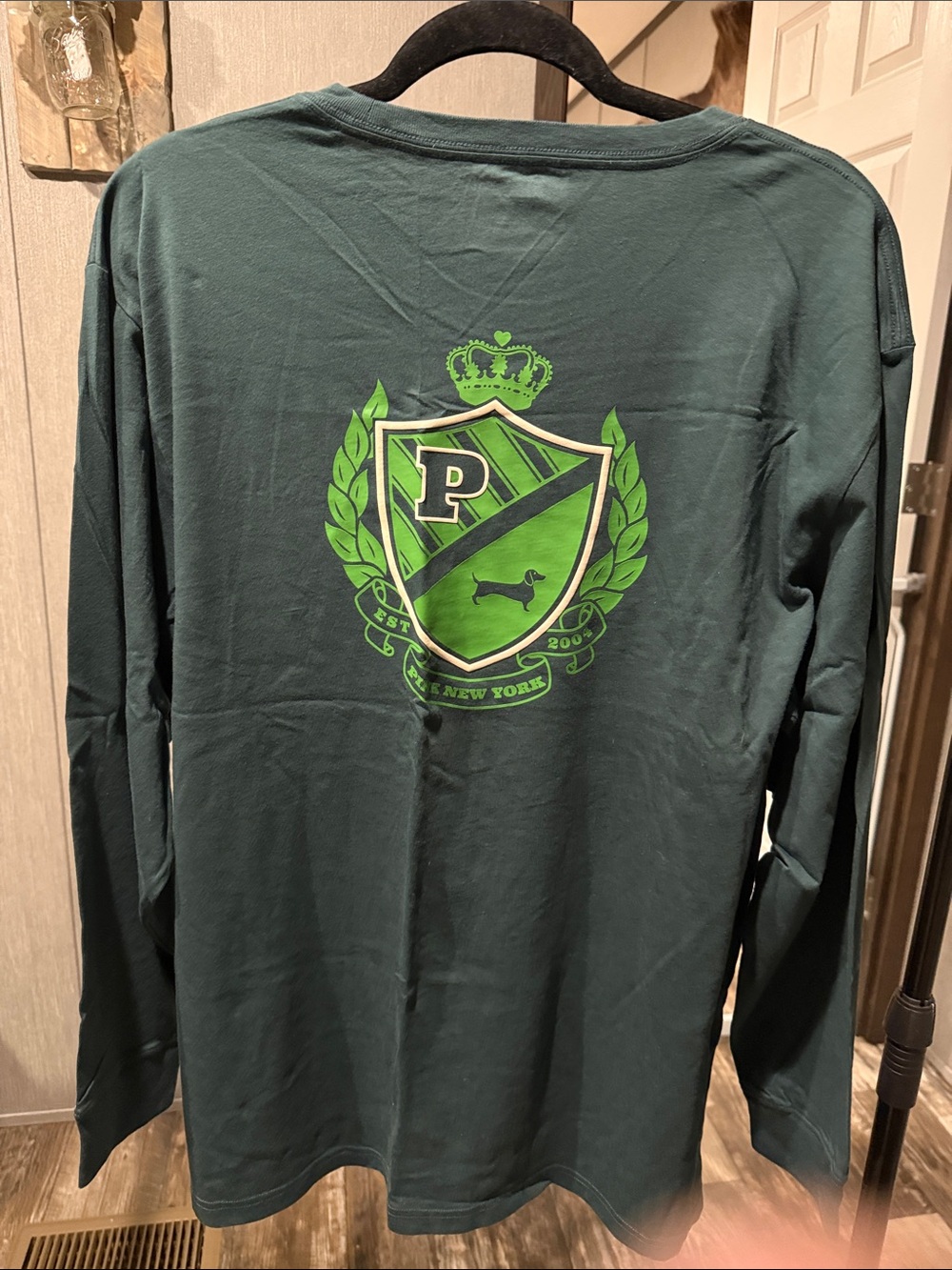 PINK Victoria's Secret Forest Green Long-Sleeve Crewneck with Lime Logo - Picture 2 of 4